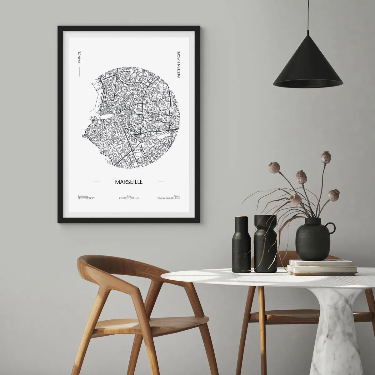 Pôster com moldura preta - Mapa minimalista de Marselha em círculo - 50x70cm - Anatomia de Marselha - Decoração de parede moderna para a sala de estar e quarto ARTTOR