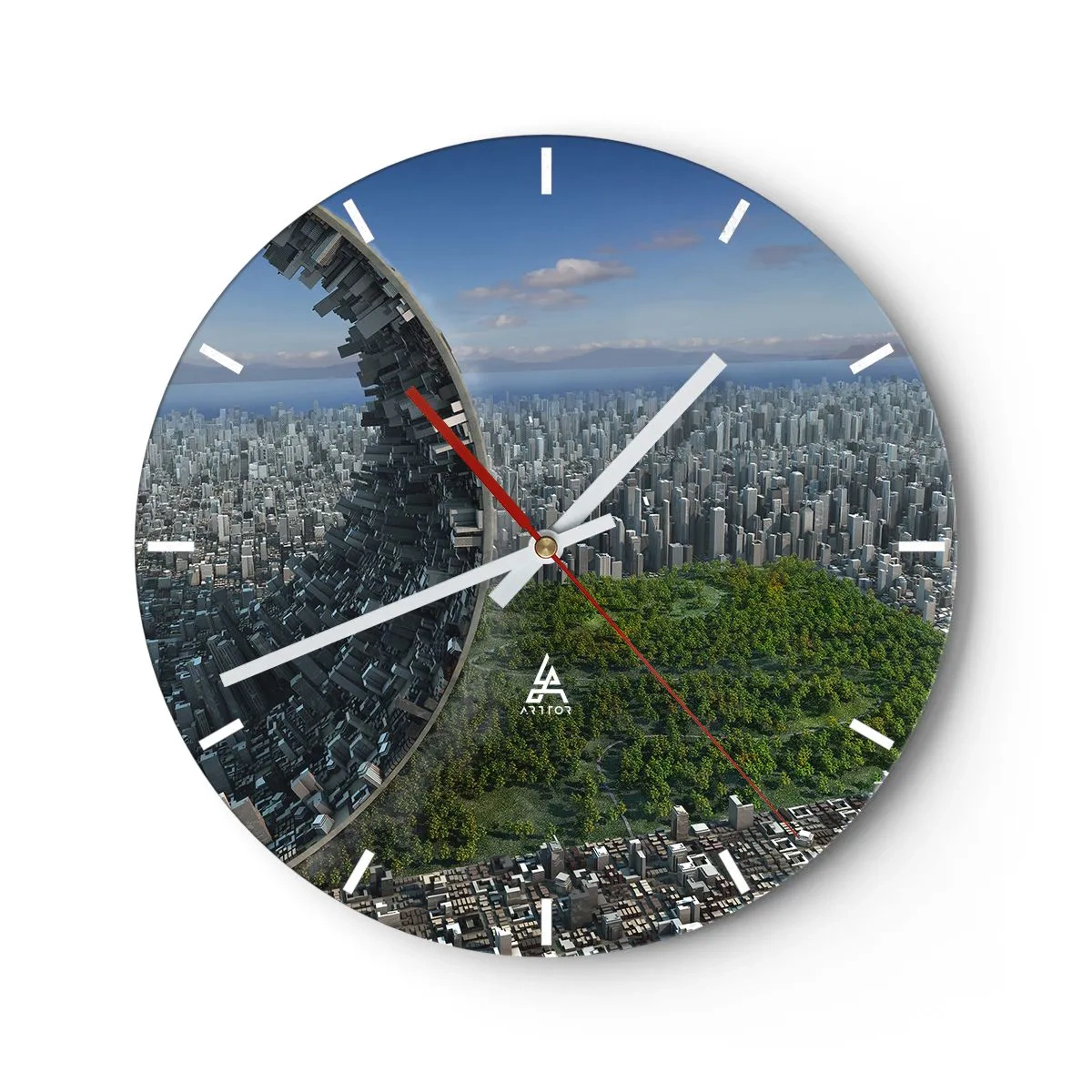 Relógio de parede - Relógio em vidro - Uma cidade futurista com uma estrutura quebrada e vegetação ao fundo. - 30x30cm - A natureza é eterna - Decoração de parede moderna para a sala de estar, cozinha e quarto ARTTOR