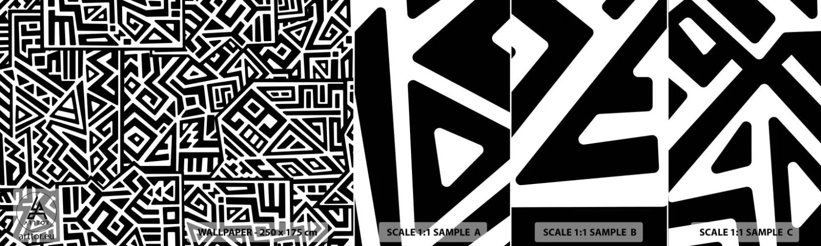 Amostra de Papel de Parede Standard Eco - Composição pré-colombiana - Abstração, Pedaço, Preto e branco - 100x30 cm