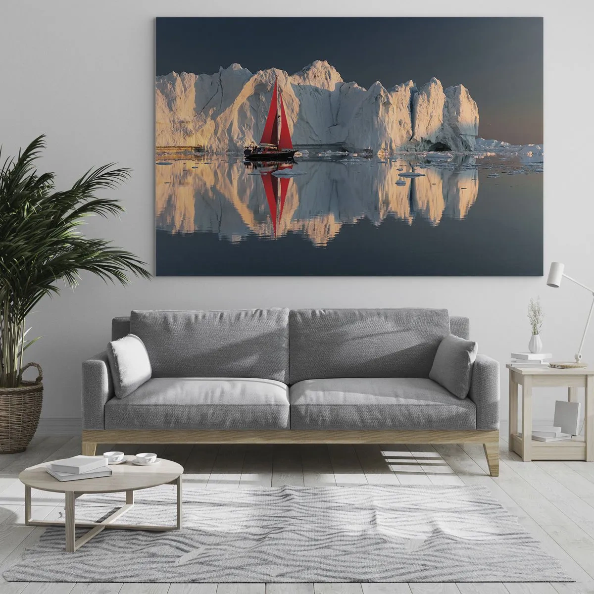 Quadro em vidro - Um veleiro com uma vela vermelha perto dos icebergs ao pôr do sol - 70x50cm - No fim do mundo - Decoração de parede moderna para a sala de estar e quarto ARTTOR