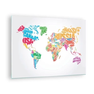 Quadro em vidro - Um mapa do mundo com nomes coloridos de países - 70x50cm - Quero conhecer todos - Decoração de parede moderna para a sala de estar e quarto ARTTOR