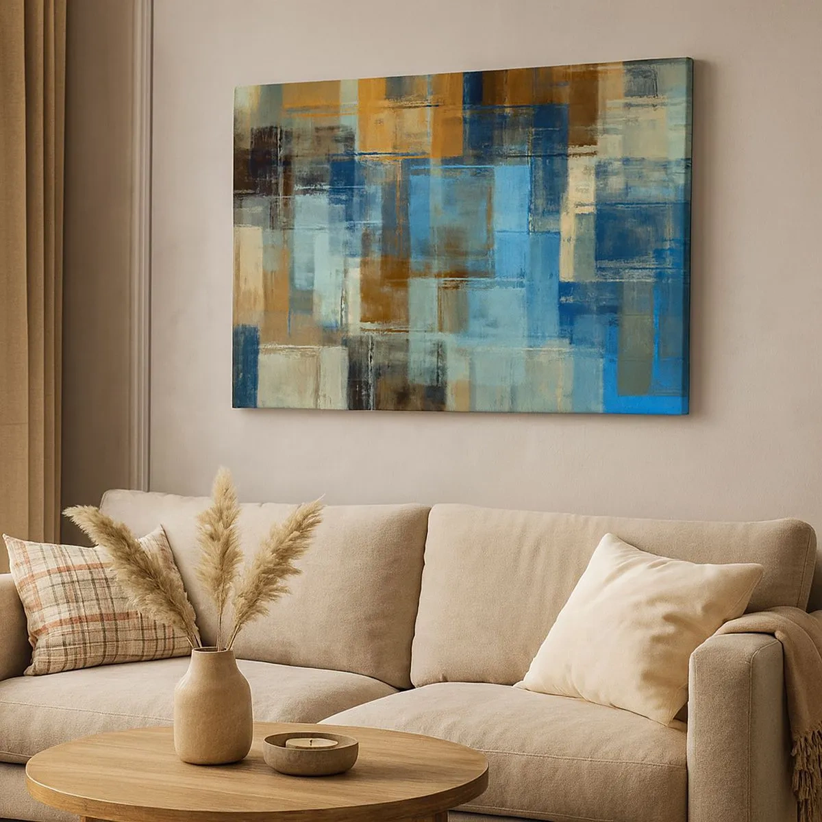 Quadro em tela - Composição geométrica abstrata em tons de azul e marrom - 70x50cm - Através da cortina azul - Decoração de parede moderna para a sala de estar e quarto ARTTOR