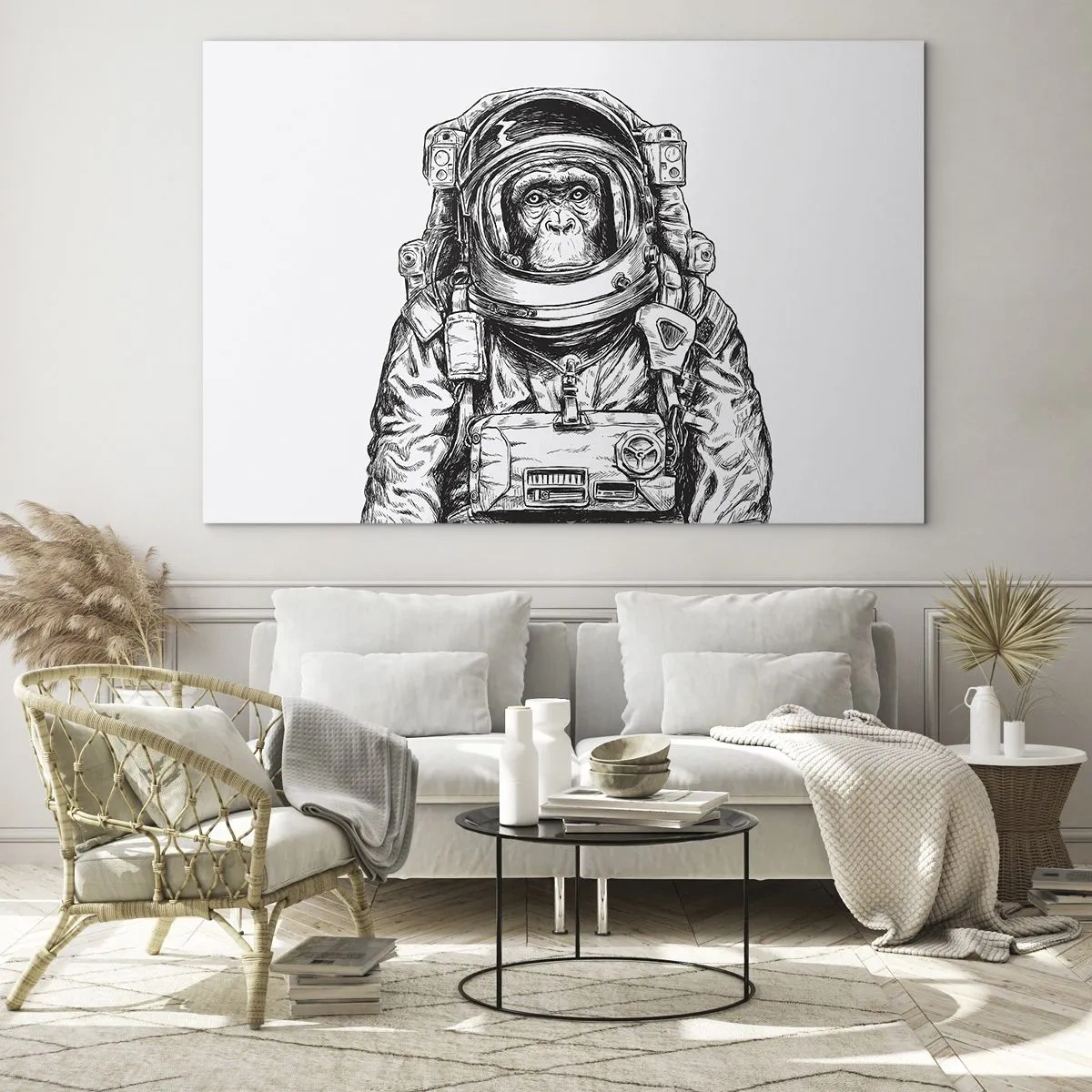 Quadro em vidro - Desenho de um macaco em traje de astronauta em um fundo branco - 70x50cm - Evolução alternativa - Decoração de parede moderna para a sala de estar e quarto ARTTOR
