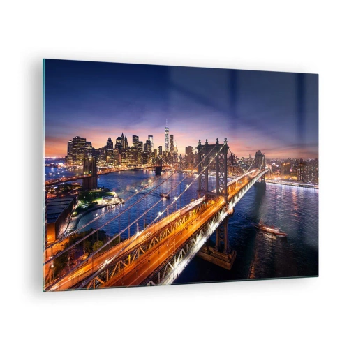 Quadro em vidro - A ponte tendo como pano de fundo o panorama noturno da cidade com arranha-céus iluminados - 70x50cm - Uma ponte luminosa para o coração da cidade - Decoração de parede moderna para a sala de estar e quarto ARTTOR