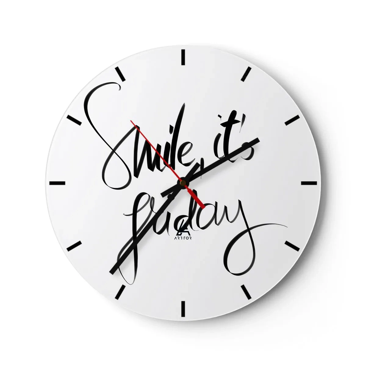 Relógio de parede - Relógio em vidro - Citação de "Sorria, é sexta-feira" em gráficos elegantes em preto e branco - 30x30cm - Verdadeira alegria - Decoração de parede moderna para a sala de estar, cozinha e quarto ARTTOR
