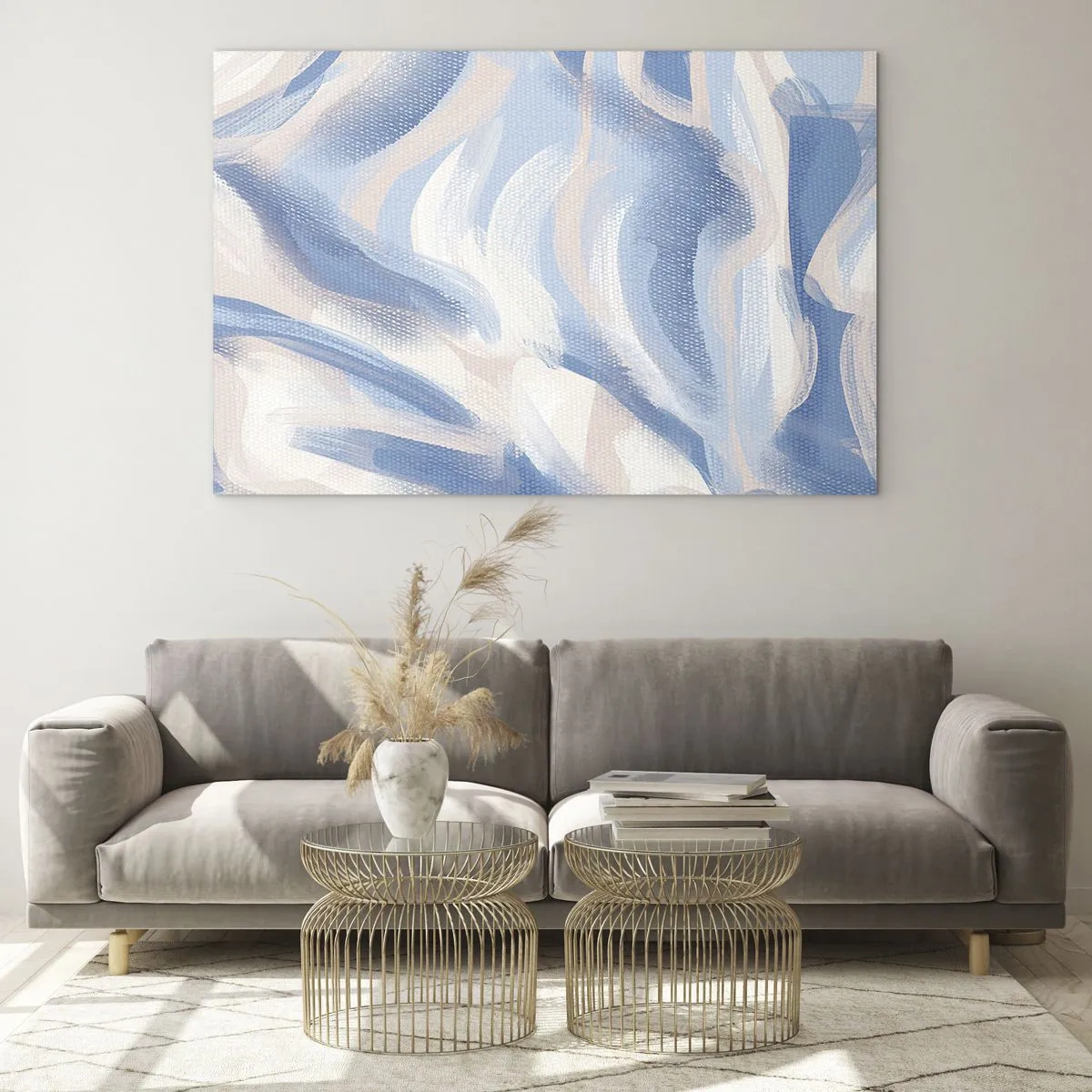 Quadro em vidro - Traços abstratos em azul, branco e bege em forma ondulada - 70x50cm - Ondas azuis - Decoração de parede moderna para a sala de estar e quarto ARTTOR