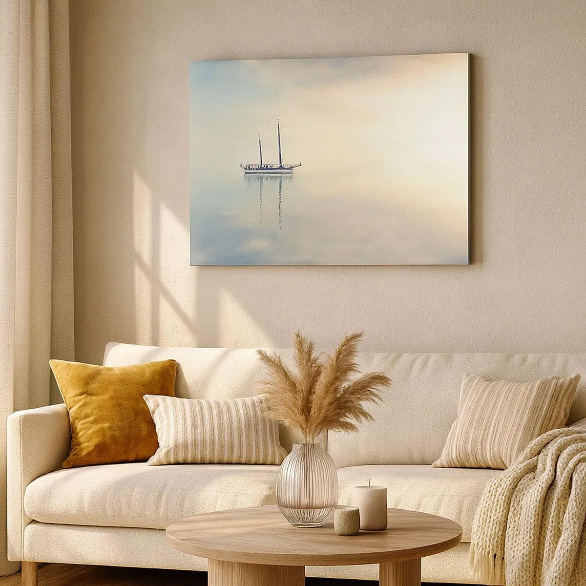 Quadro em tela - Um barco em um mar calmo sob uma luz suave - 70x50cm - Num mar de silêncio - Decoração de parede moderna para a sala de estar e quarto ARTTOR