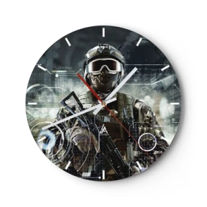 Relógio de parede - Relógio em vidro - A figura de um soldado em equipamento moderno no contexto de gráficos tecnológicos - 30x30cm - Poder para poder - Decoração de parede moderna para a sala de estar, cozinha e quarto ARTTOR