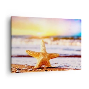 Quadro em tela - Uma estrela do mar em uma praia de areia sob o brilho do sol poente - 70x50cm - Presente do mar - Decoração de parede moderna para a sala de estar e quarto ARTTOR