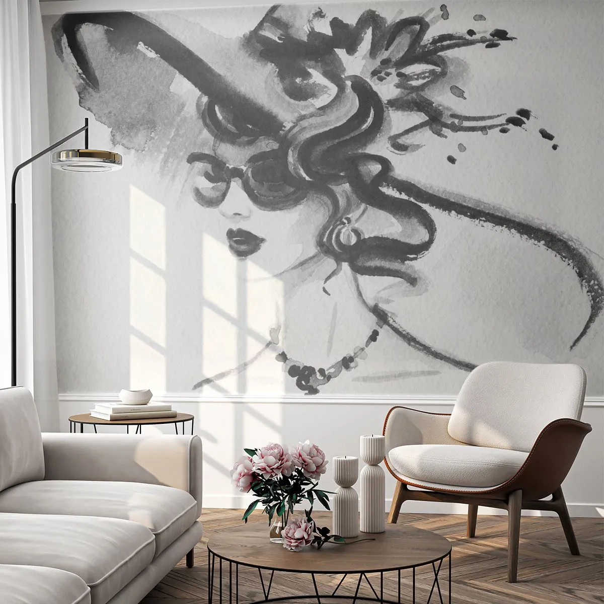 Papel de Parede Autocolante Deluxe Sticker - Uma dama com caráter - Mulher de chapéu, Rosto de mulher, Preto e branco - 350x256 cm