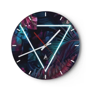 Relógio de parede - Relógio em vidro - Folhas tropicais e samambaias com triângulo neon - 30x30cm - Jardim estilo discoteca - Decoração de parede moderna para a sala de estar, cozinha e quarto ARTTOR