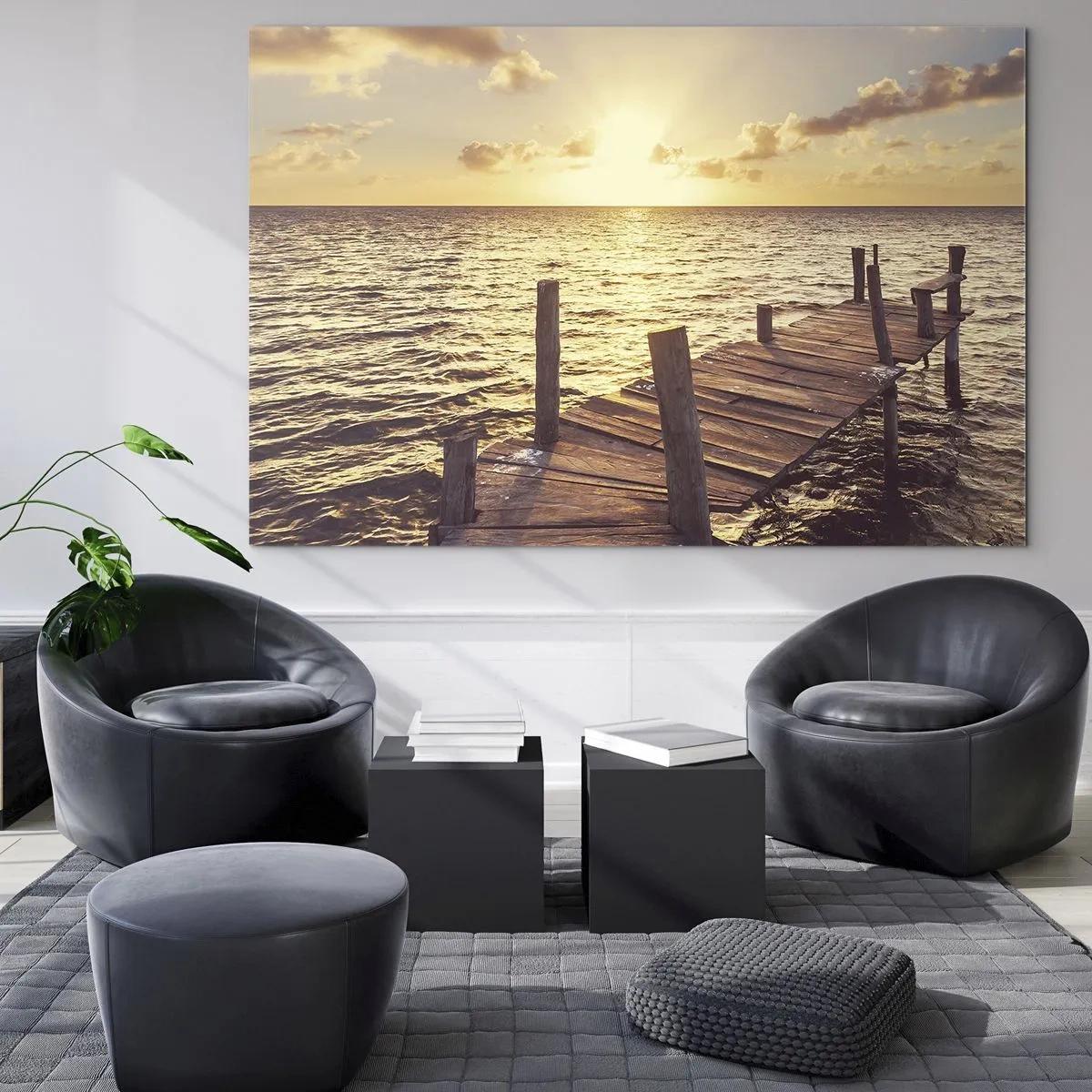 Quadro em vidro - Um cais de madeira com o pôr do sol como pano de fundo - 70x50cm - A terra dourada da gentileza - Decoração de parede moderna para a sala de estar e quarto ARTTOR