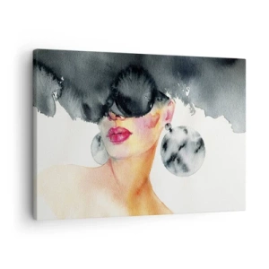 Quadro em tela - Uma mulher usando óculos estilosos e brincos grandes - 70x50cm - O segredo da elegância - Decoração de parede moderna para a sala de estar e quarto ARTTOR