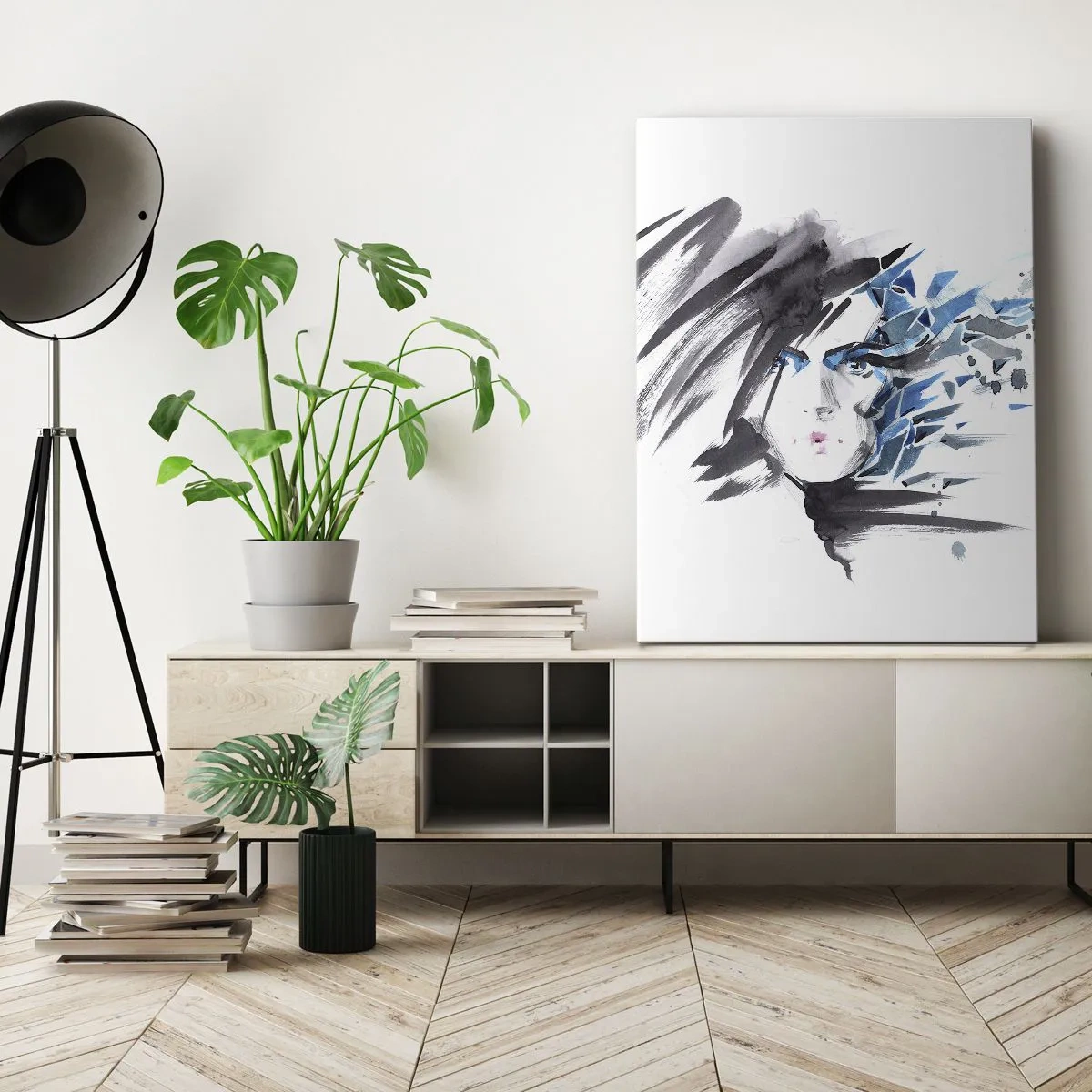 Quadro em tela - Retrato sensual em cinza e azul - 65x120 cm