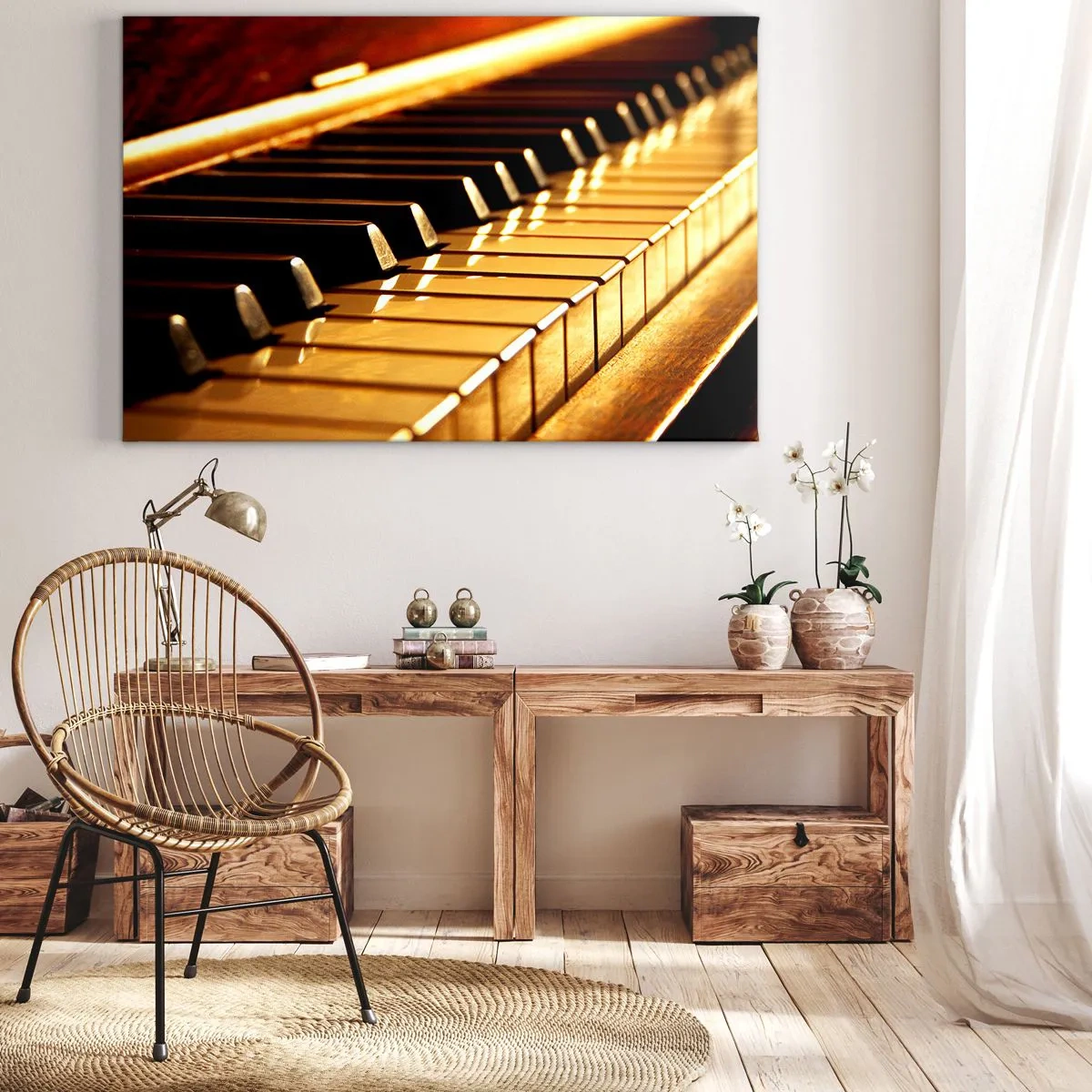 Quadro em tela - Teclado de piano em iluminação dourada - 70x50cm - Infinitas possibilidades - Decoração de parede moderna para a sala de estar e quarto ARTTOR