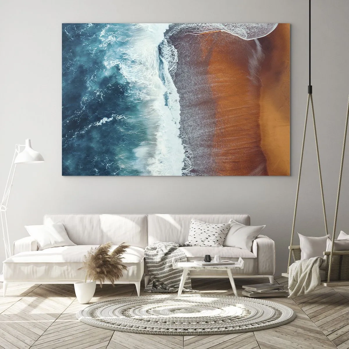 Quadro em vidro - Vista aérea da superfície do oceano e da costa da praia - 70x50cm - Toque do oceano - Decoração de parede moderna para a sala de estar e quarto ARTTOR
