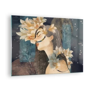 Quadro em vidro - Uma figura feminina com lírios em estilo de conto de fadas - 70x50cm - O conto da princesa com lírios - Decoração de parede moderna para a sala de estar e quarto ARTTOR