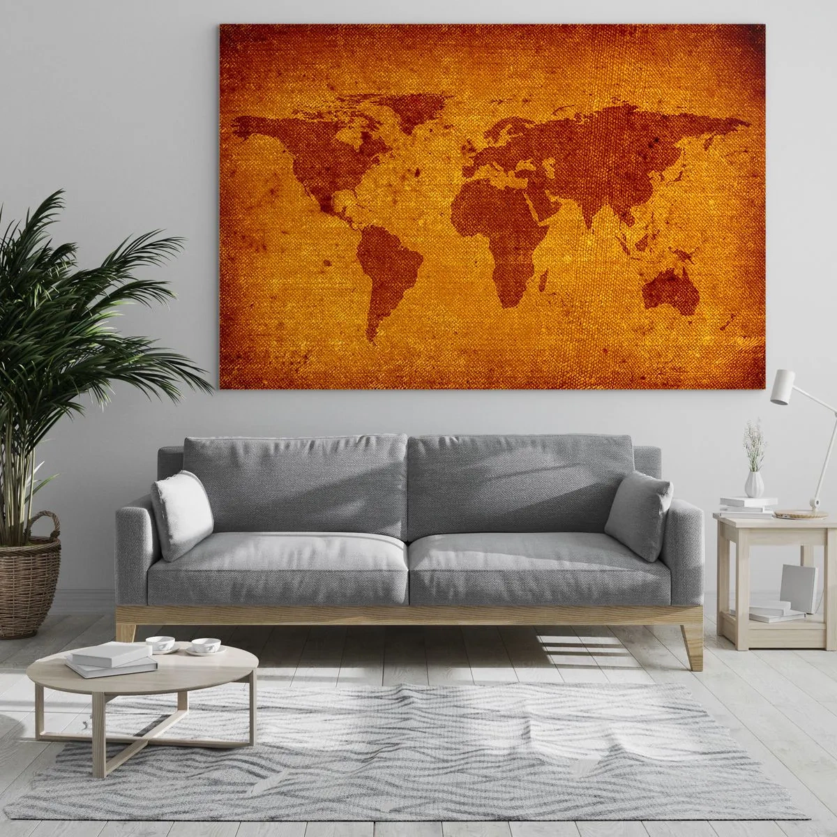 Quadro em vidro - Um mapa-múndi em cores quentes em tons de sépia - 70x50cm - Convite para viajar - Decoração de parede moderna para a sala de estar e quarto ARTTOR