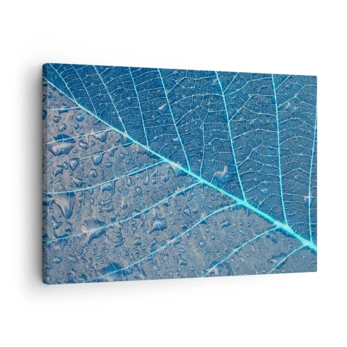 Quadro em tela - Uma folha em tons de azul com gotas de água - 70x50cm - A vida em azul - Decoração de parede moderna para a sala de estar e quarto ARTTOR