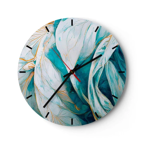 Relógio de parede - Relógio em vidro - Linhas douradas sobre fundo azul e branco com textura suave. - 30x30cm - Abstração azul com lema dourado - Decoração de parede moderna para a sala de estar, cozinha e quarto ARTTOR