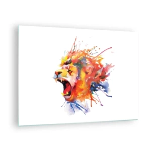 Quadro em vidro - Leão colorido em estilo aquarela sobre fundo branco - 70x50cm - Explosão de raiva  - Decoração de parede moderna para a sala de estar e quarto ARTTOR