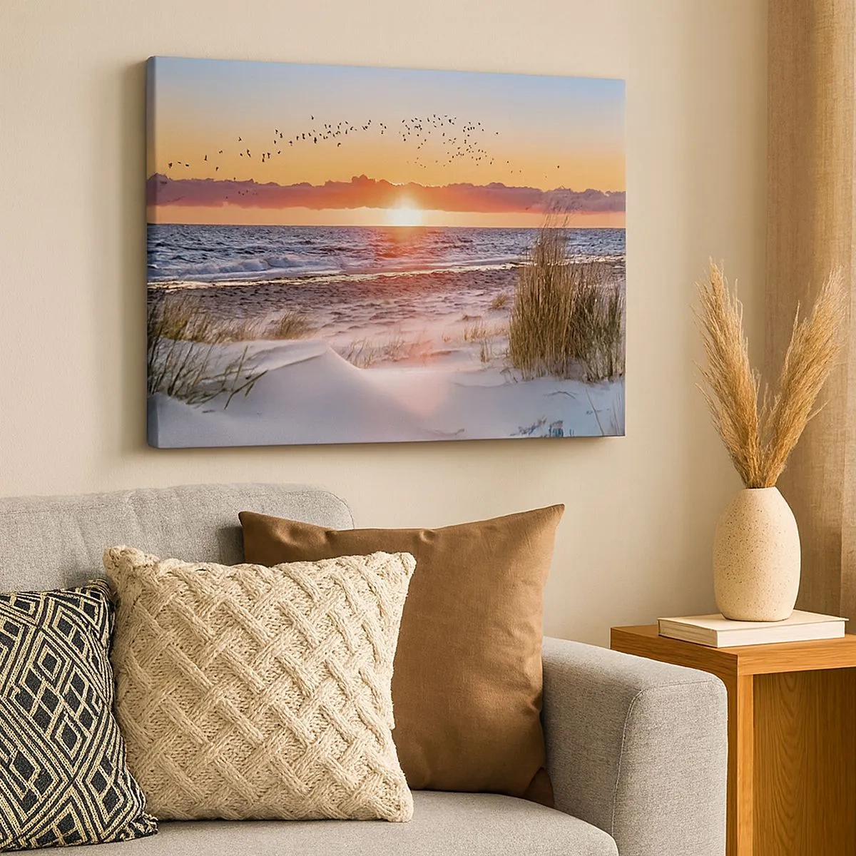 Quadro em tela - Pôr do sol sobre o mar com vista para as dunas - 70x50cm - Paisagem horizontal - Decoração de parede moderna para a sala de estar e quarto ARTTOR