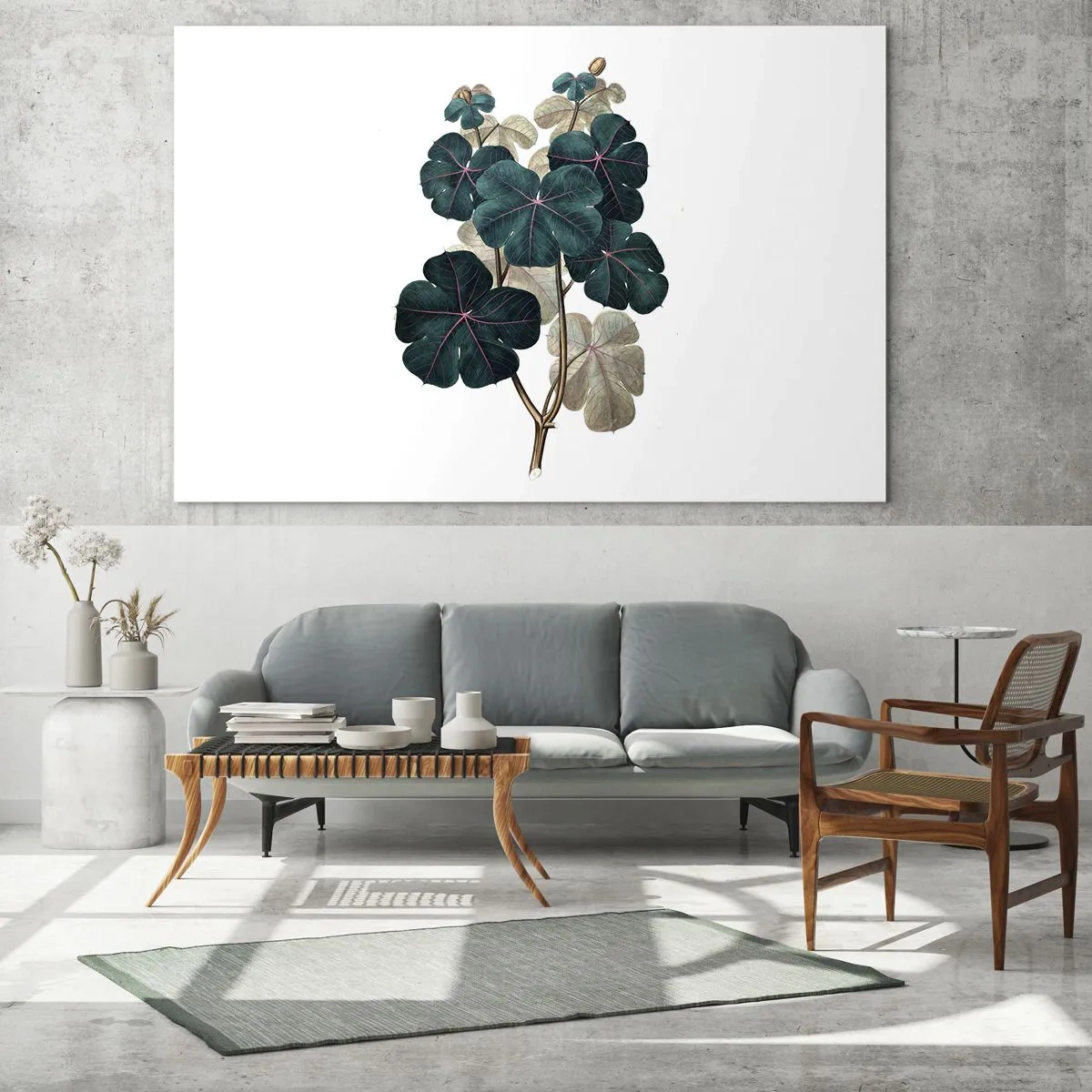 Quadro em vidro - Ilustração botânica de folhas verdes sobre fundo branco - 70x50cm - Do antigo herbário - Decoração de parede moderna para a sala de estar e quarto ARTTOR