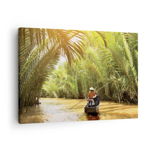 Quadro em tela - Um barco em um rio cercado por vegetação tropical - 70x50cm - Desfiladeiro das palmeiras - Decoração de parede moderna para a sala de estar e quarto ARTTOR