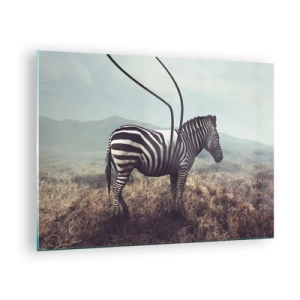 Quadro em vidro - Zebra em fundo de grama com detalhe surreal de antena - 70x50cm - Atenção! Falha - Decoração de parede moderna para a sala de estar e quarto ARTTOR