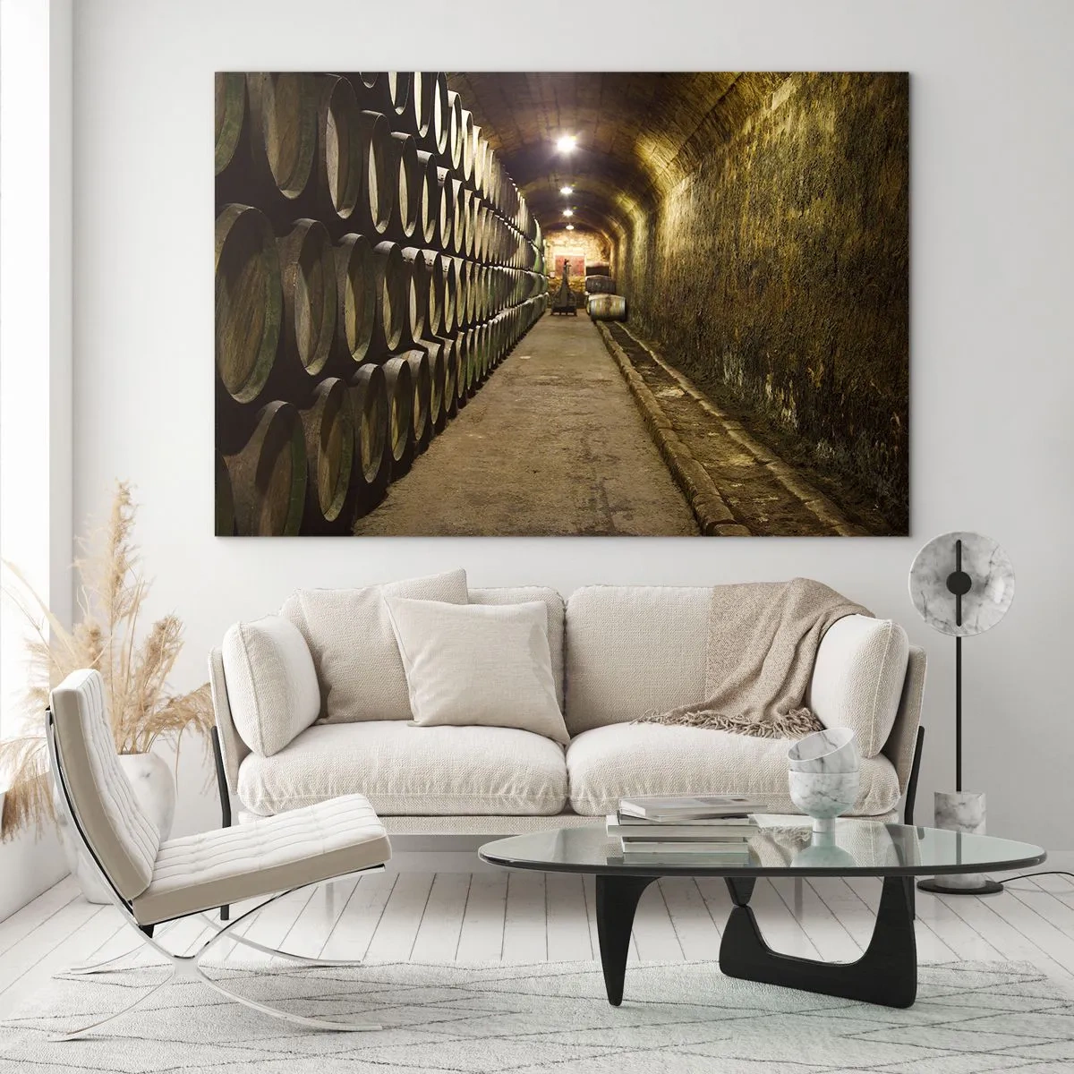 Quadro em vidro - Adega com fileiras de barris - 70x50cm - É bom deitar-se - Decoração de parede moderna para a sala de estar e quarto ARTTOR
