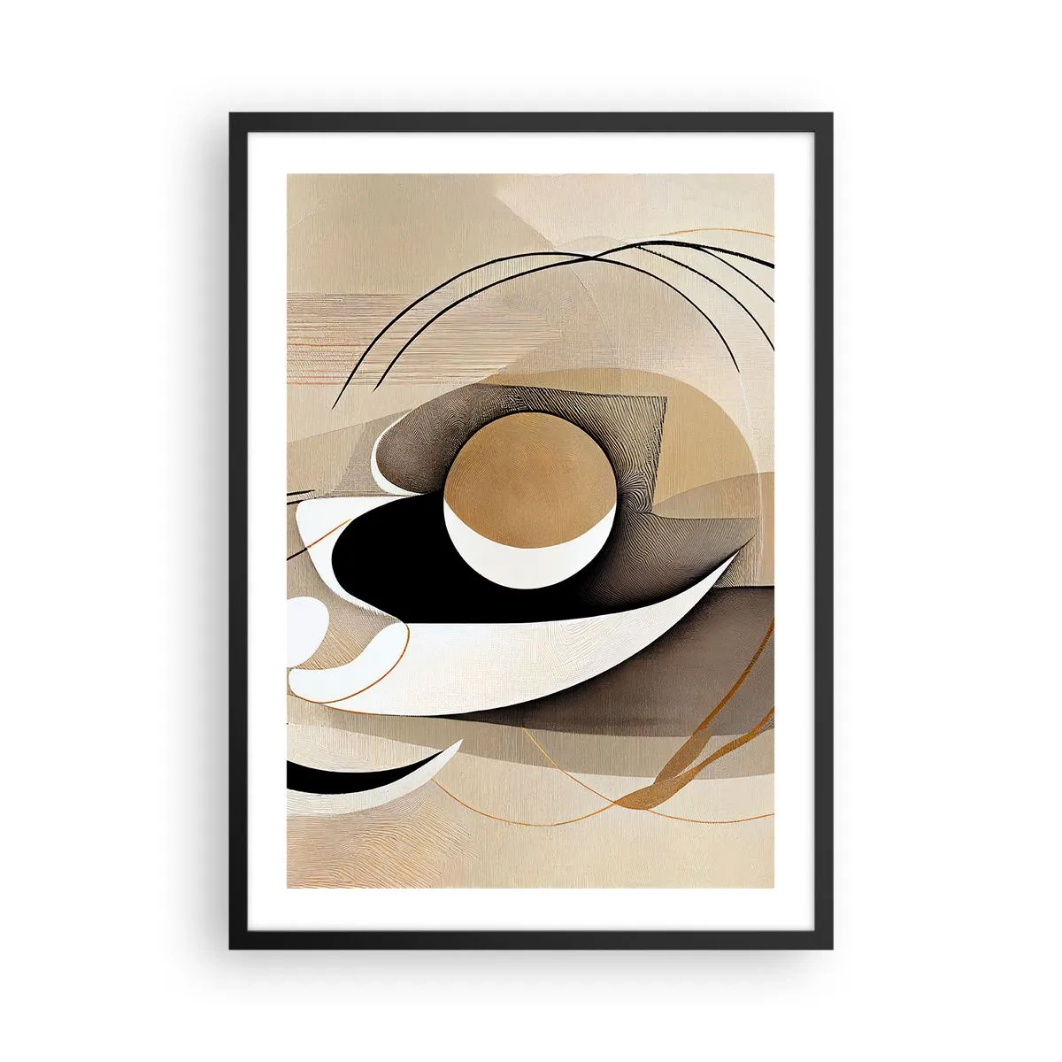 Pôster com moldura preta - Abstração minimalista em tons de bege e preto - 50x70cm - Composição: a essência da palavra - Decoração de parede moderna para a sala de estar e quarto ARTTOR