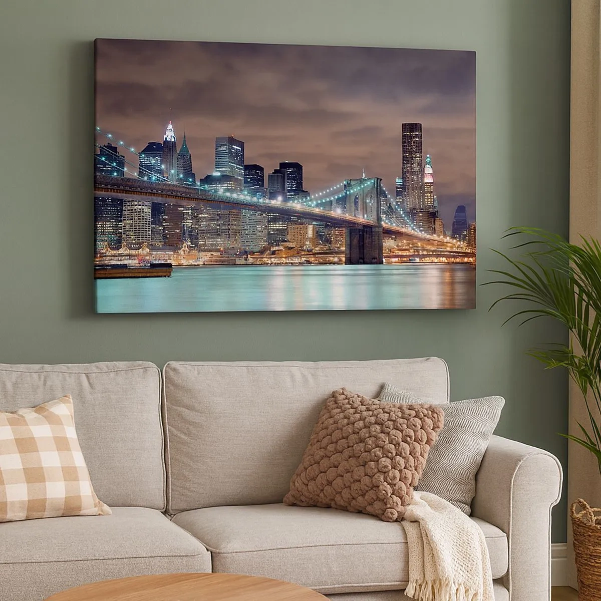 Quadro em tela - A ponte iluminada à noite tendo como pano de fundo o panorama da cidade moderna - 70x50cm - Luzes de uma cidade grande - Decoração de parede moderna para a sala de estar e quarto ARTTOR