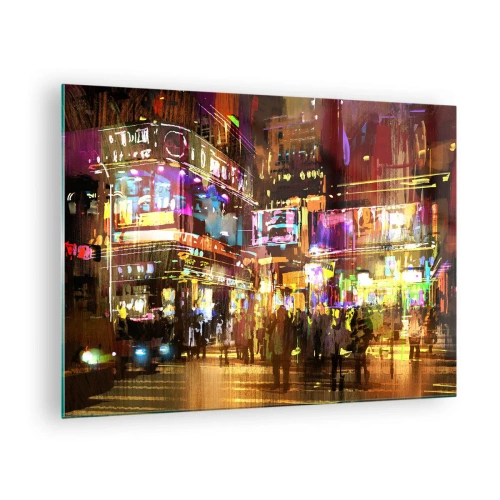 Quadro em vidro - Uma cidade vibrante sob a luz neon - 70x50cm - Num mar de luz - Decoração de parede moderna para a sala de estar e quarto ARTTOR