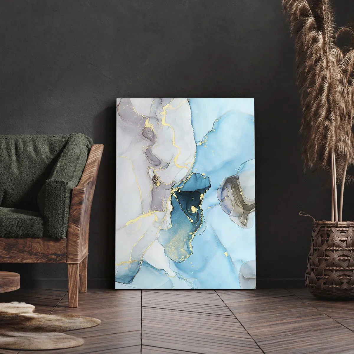 Quadro em tela - Estudo do encontro do cinza e turquesa - 50x70 cm