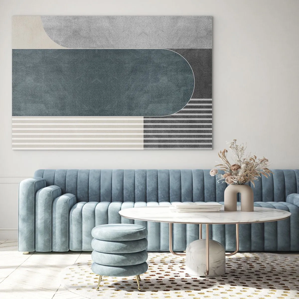 Quadro em vidro - Forma geométrica em tons de cinza, bege e verde - 70x50cm - Composição ao nível - Decoração de parede moderna para a sala de estar e quarto ARTTOR
