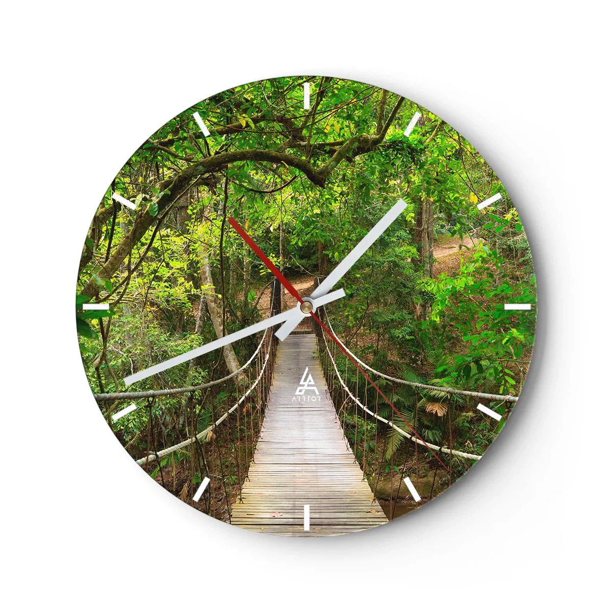 Relógio de parede - Relógio em vidro - Uma ponte de madeira suspensa em uma floresta verde - 30x30cm - Porque há uma videira a crescer no jardim - Decoração de parede moderna para a sala de estar, cozinha e quarto ARTTOR