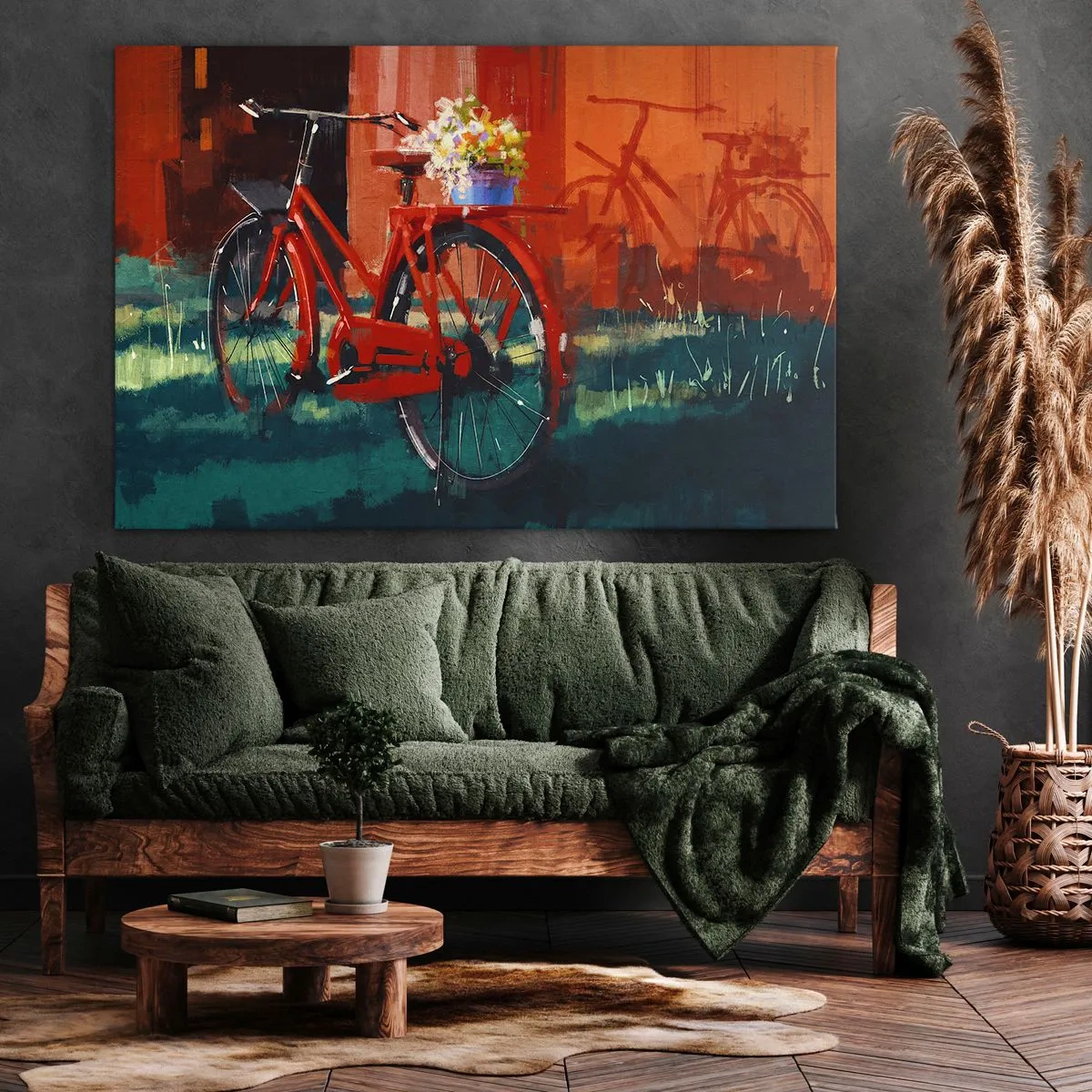 Quadro em tela - Uma bicicleta vermelha com flores contra uma parede laranja - 70x50cm - Quero andar de bicicleta - Decoração de parede moderna para a sala de estar e quarto ARTTOR