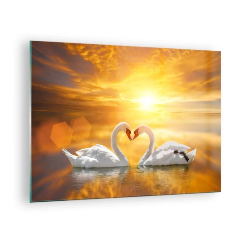 Quadro em vidro - Dois cisnes na água formando um coração contra o pano de fundo de um pôr do sol - 70x50cm - Coração é a palavra mais bonita do mundo... - Decoração de parede moderna para a sala de estar e quarto ARTTOR