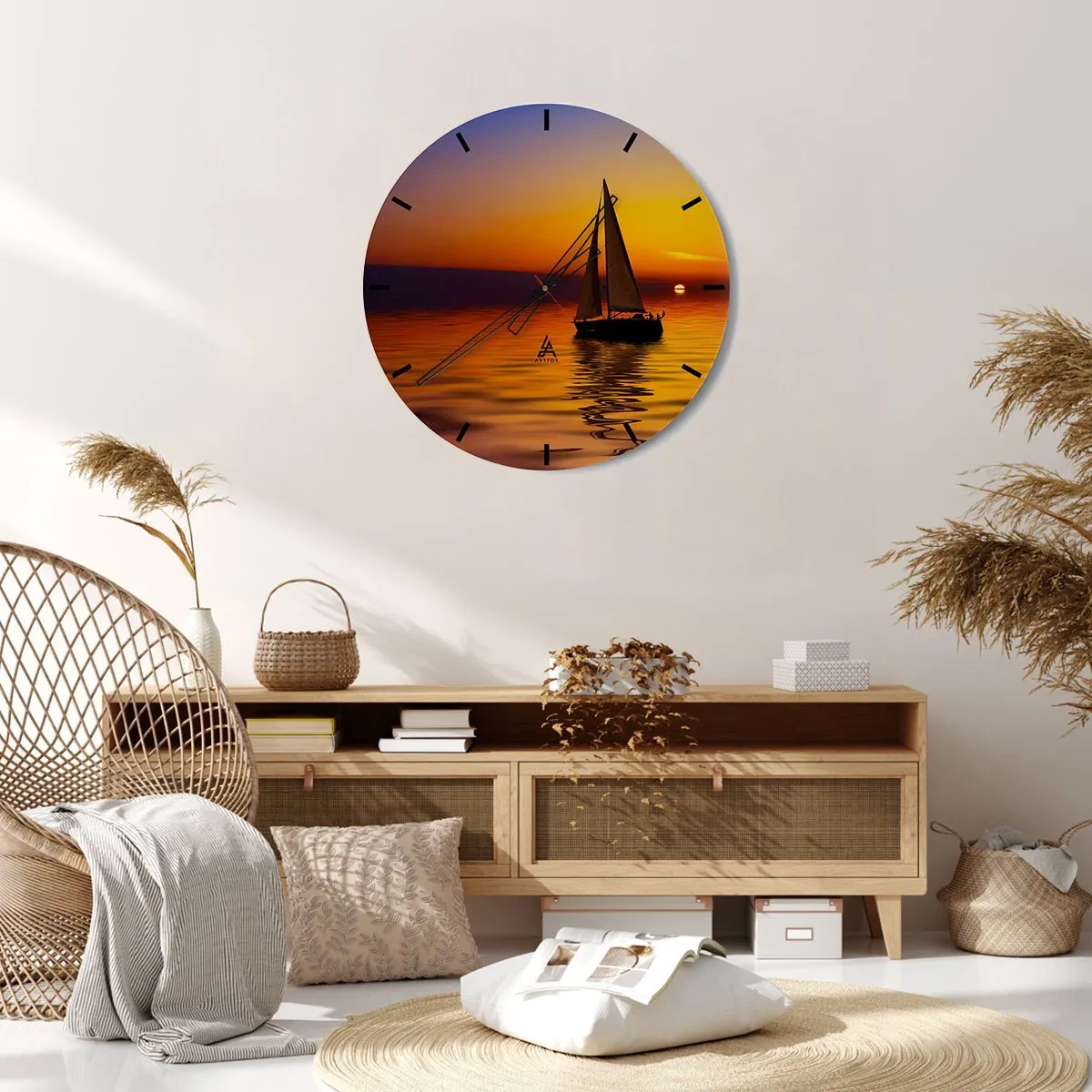 Relógio de parede - Relógio em vidro - Um veleiro no mar ao pôr do sol - 30x30cm - Tranquilo anoitecer... - Decoração de parede moderna para a sala de estar, cozinha e quarto ARTTOR