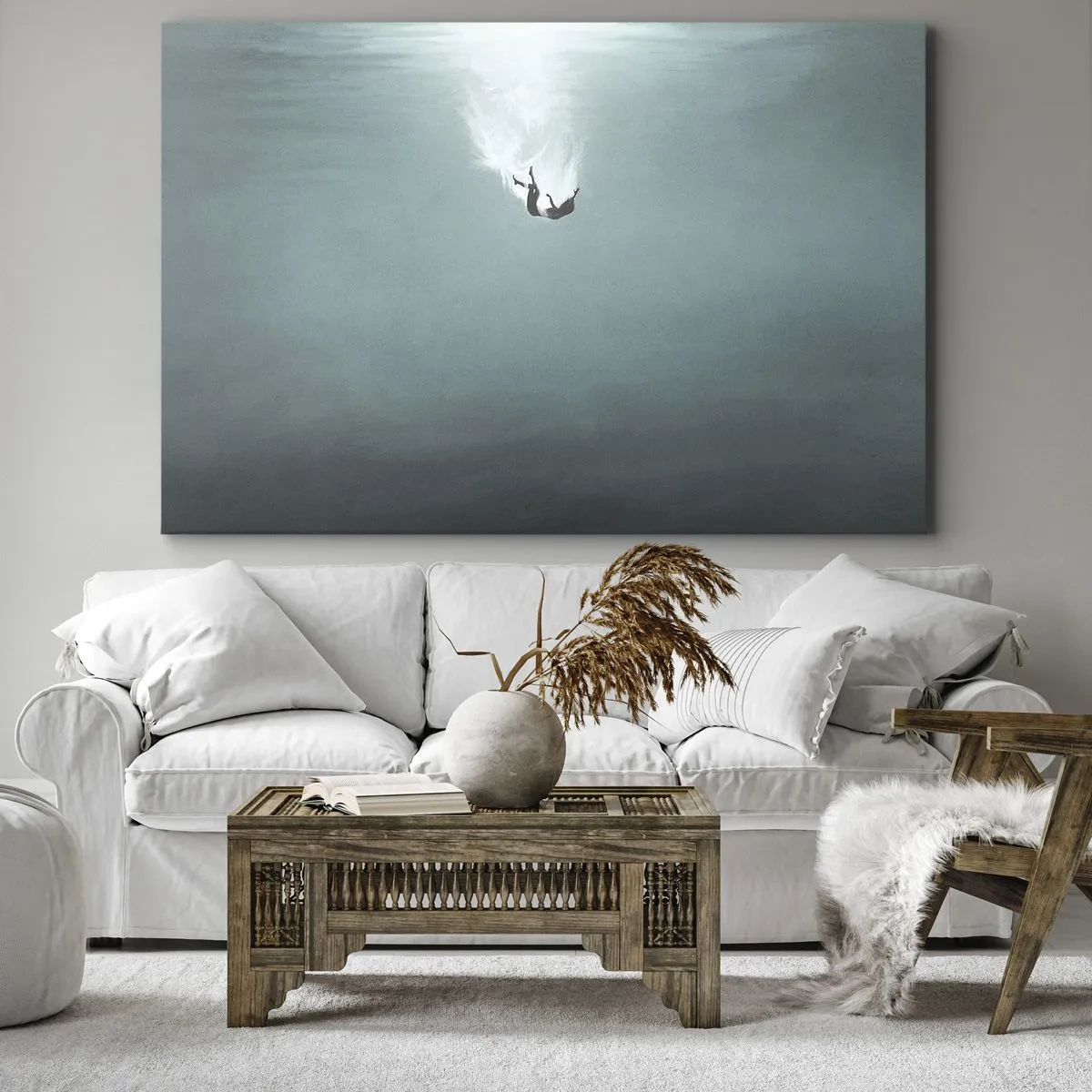 Quadro em tela - Uma figura imersa em águas profundas e turquesas - 70x50cm - Nos braços do oceano - Decoração de parede moderna para a sala de estar e quarto ARTTOR