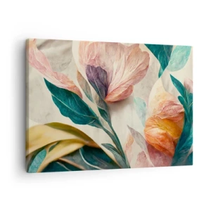 Quadro em tela - Flores coloridas de estilo tropical em um fundo claro - 70x50cm - Flores das ilhas do sul - Decoração de parede moderna para a sala de estar e quarto ARTTOR