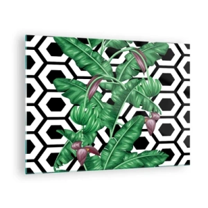 Quadro em vidro - Folhas e flores tropicais sobre um fundo de padrão geométrico preto e branco - 70x50cm - Composição simétrica por natureza - Decoração de parede moderna para a sala de estar e quarto ARTTOR