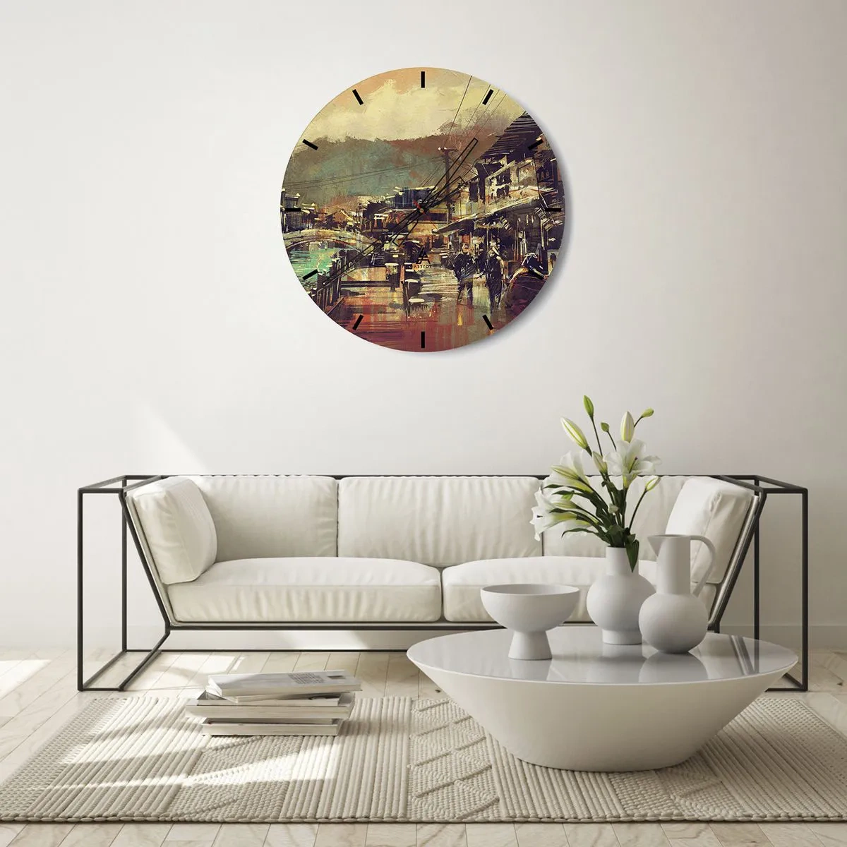 Relógio de parede - Relógio em vidro - Uma cena pictórica de rua com uma ponte e montanhas ao fundo. - 30x30cm - A vida como uma riqueza cinzenta - Decoração de parede moderna para a sala de estar, cozinha e quarto ARTTOR
