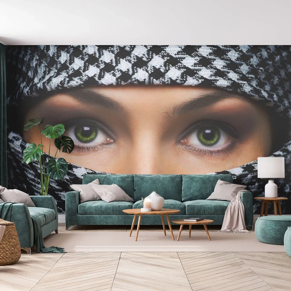 Papel de Parede Premium Sand - Retrato de uma beleza velada de olhos verdes - Mulher, Olhos, Cultura - 200x140 cm