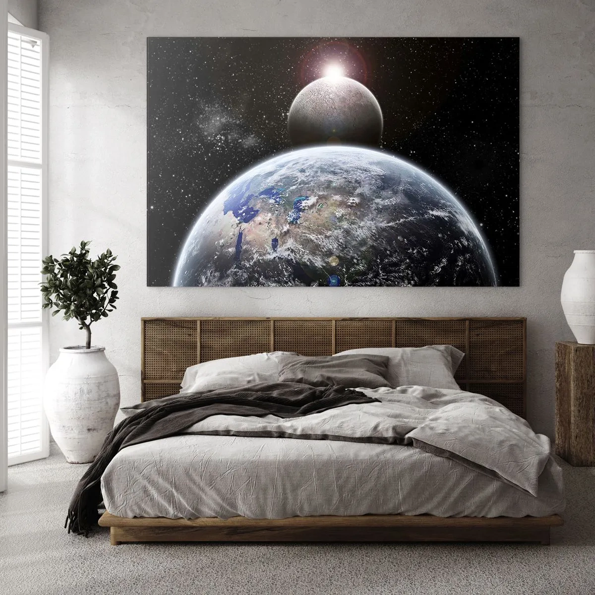 Quadro em vidro - Terra e Lua no espaço - 70x50cm - Paisagem espacial - o nascer do sol - Decoração de parede moderna para a sala de estar e quarto ARTTOR