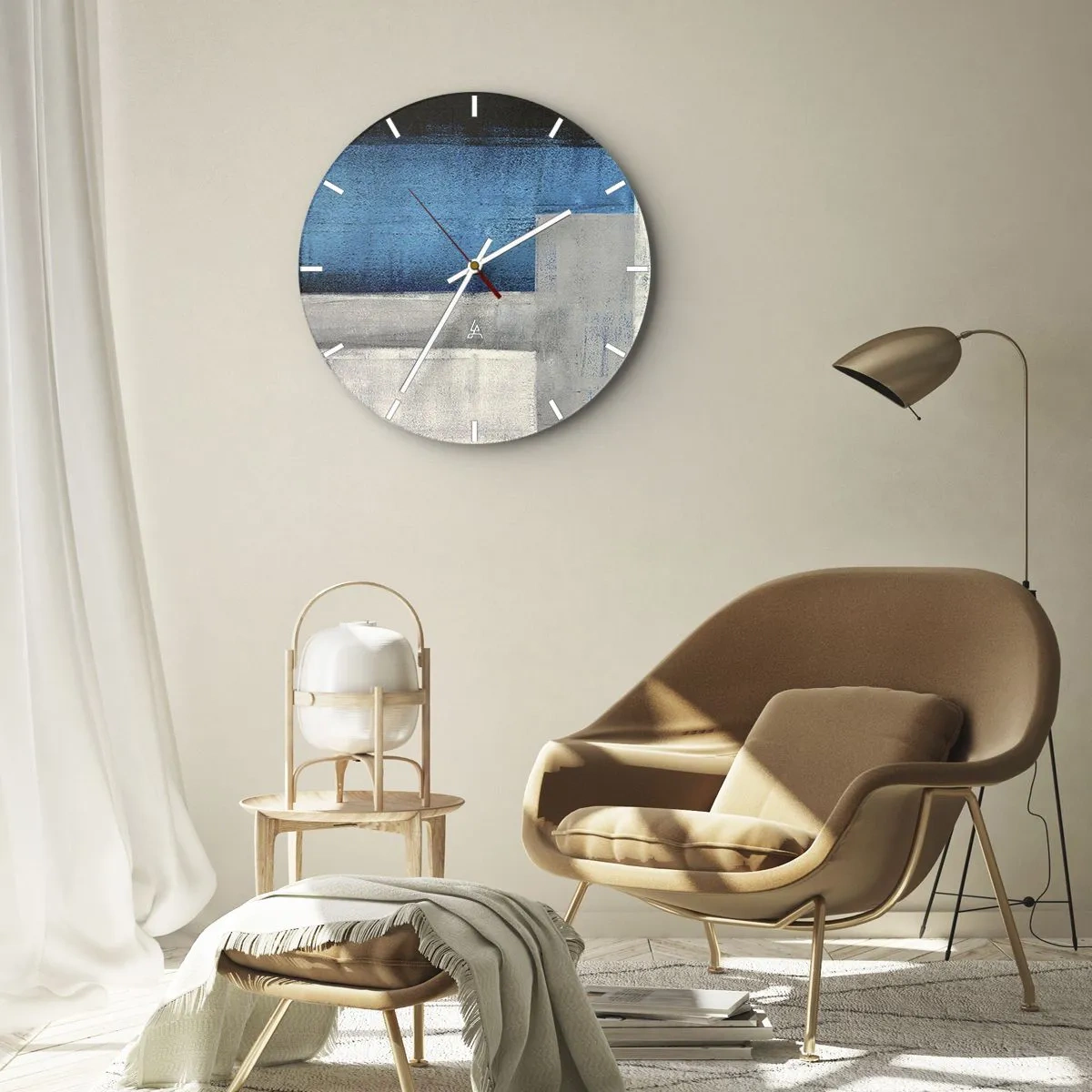 Relógio de parede - Relógio em vidro - Uma composição poética de cinza e azul - 30x30 cm