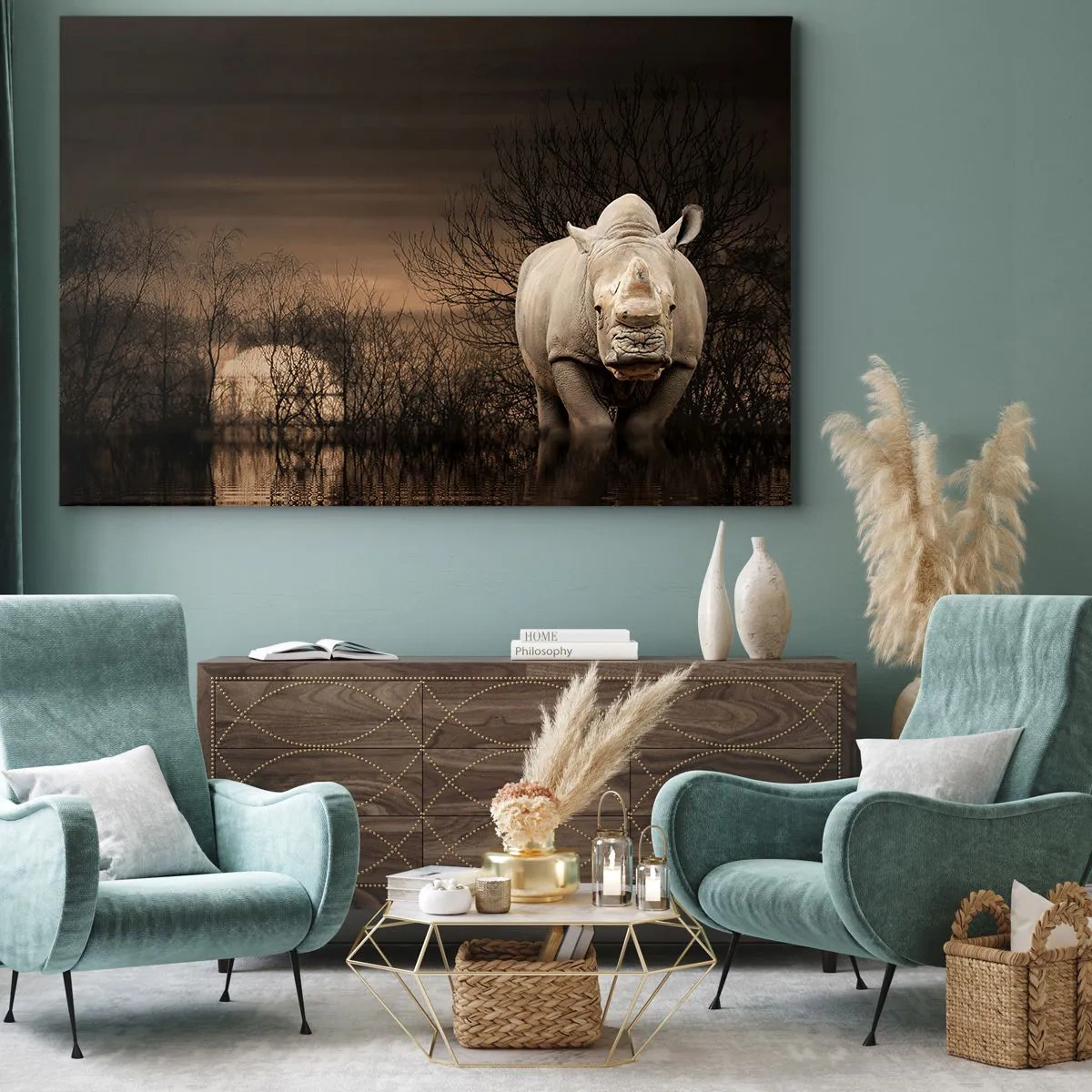 Quadro em tela - Rinoceronte entre árvores ao pôr do sol, natureza selvagem. - 70x50cm - Branco contra a natureza - Decoração de parede moderna para a sala de estar e quarto ARTTOR