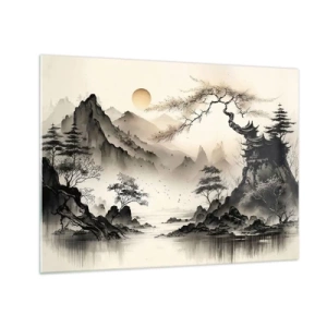 Quadro em vidro - Paisagem montanhosa oriental com um pagode e árvores - 70x50cm - O charme único do Oriente - Decoração de parede moderna para a sala de estar e quarto ARTTOR