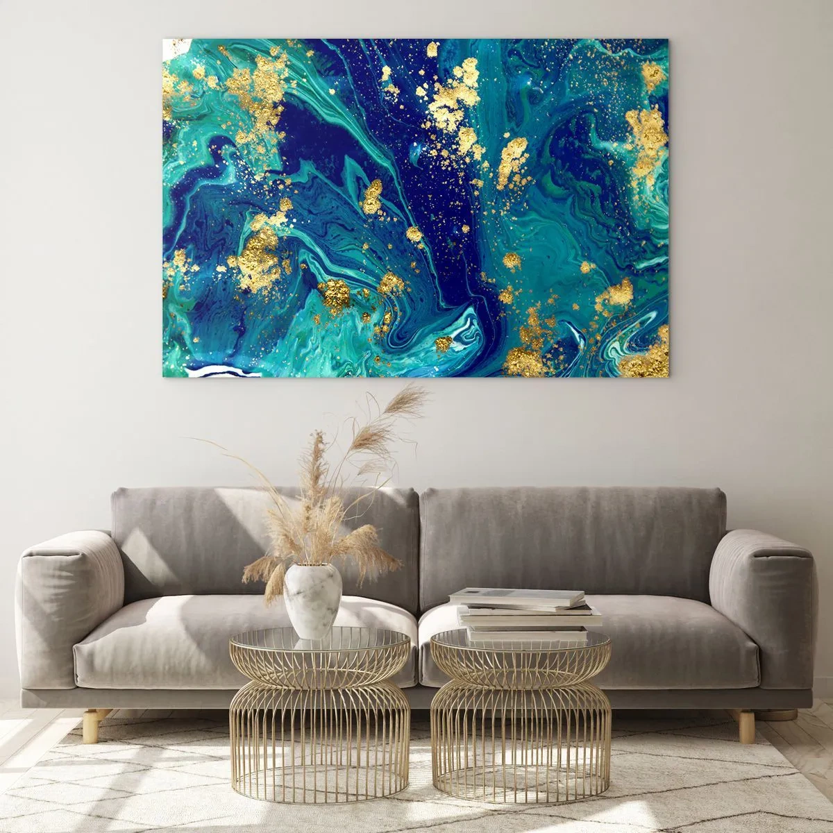 Quadro em vidro - Um padrão abstrato em tons de turquesa e azul marinho com detalhes dourados - 70x50cm - Flocos de sol - Decoração de parede moderna para a sala de estar e quarto ARTTOR