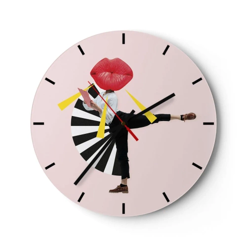 Relógio de parede - Relógio em vidro - Uma figura com cabeça em formato de boca em uma composição pop-art dinâmica - 30x30cm - Arte pop surreal - Decoração de parede moderna para a sala de estar, cozinha e quarto ARTTOR